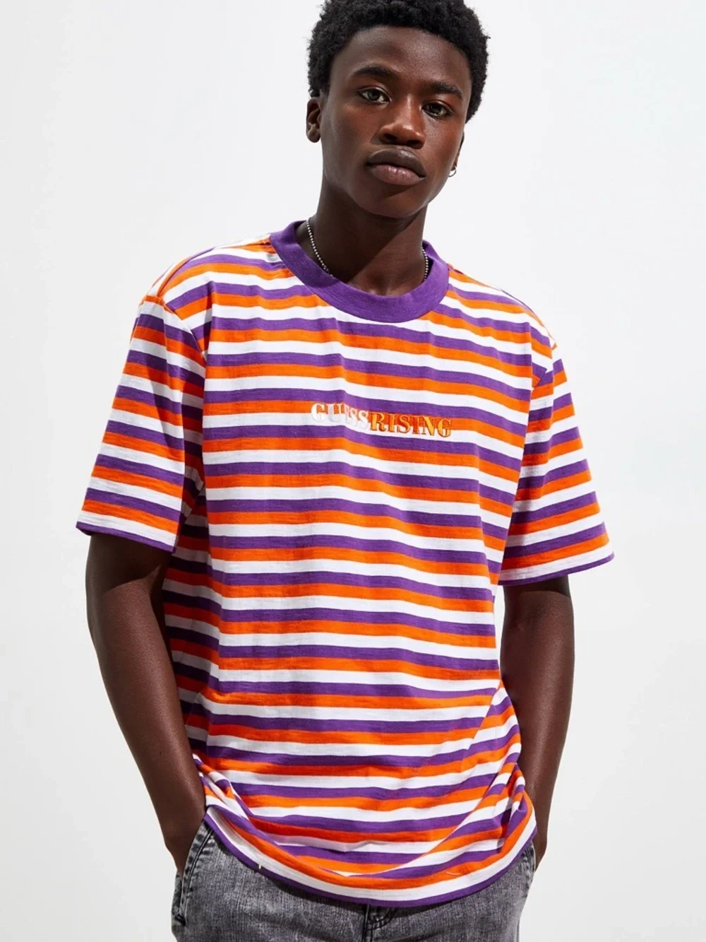 New GUESS ORIGINALS Purple Orange White Striped Short Sleeve Tee SZ L - Picture 4 of 9